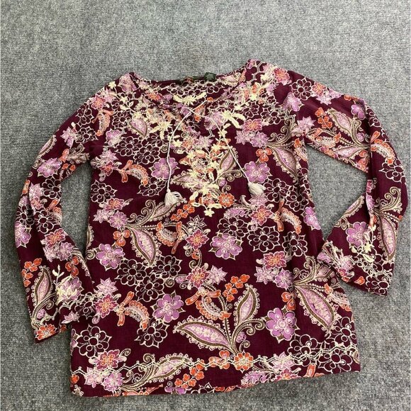 Eddie Bauer Blouse Womens S Purple Embroidered‎ Tasseled Paisley Boho Semi Sheer - Picture 1 of 14